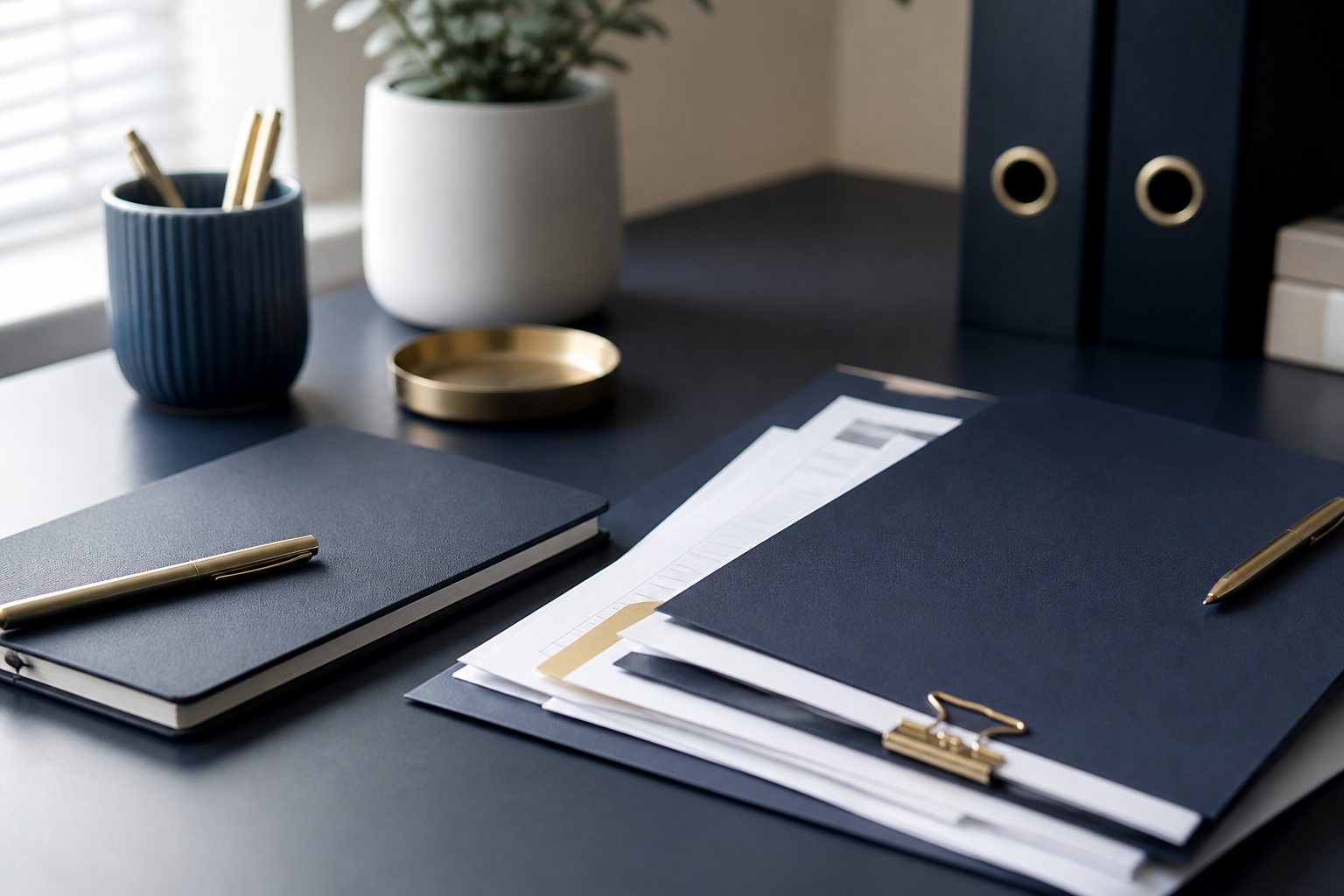 Organised compliance documents and working notes on a professional desk